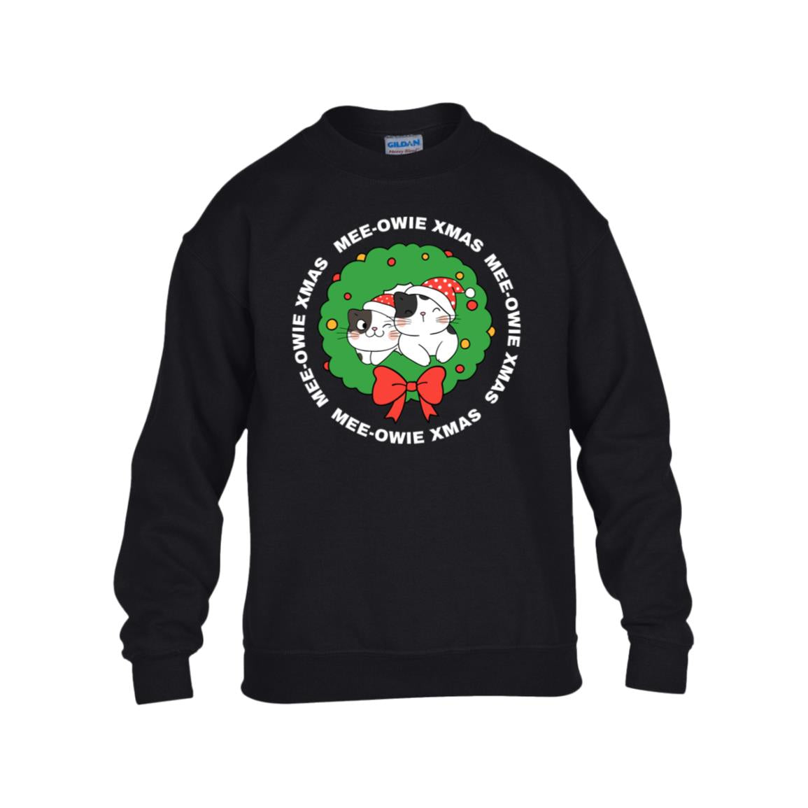 MEE-OWIE XMAS white letters des MEE- OWIE  XMAS, Gildan Kids Heavy Blend Fleece Crew