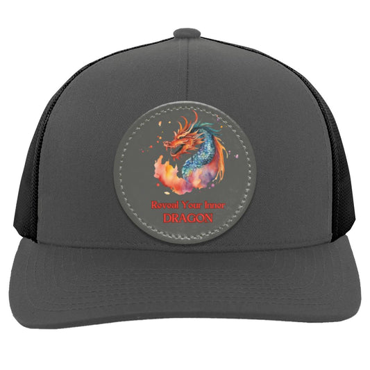 "Reveal Your Inner Dragon" Trucker Snap Back with Dark Gray Vegan Leather Patch