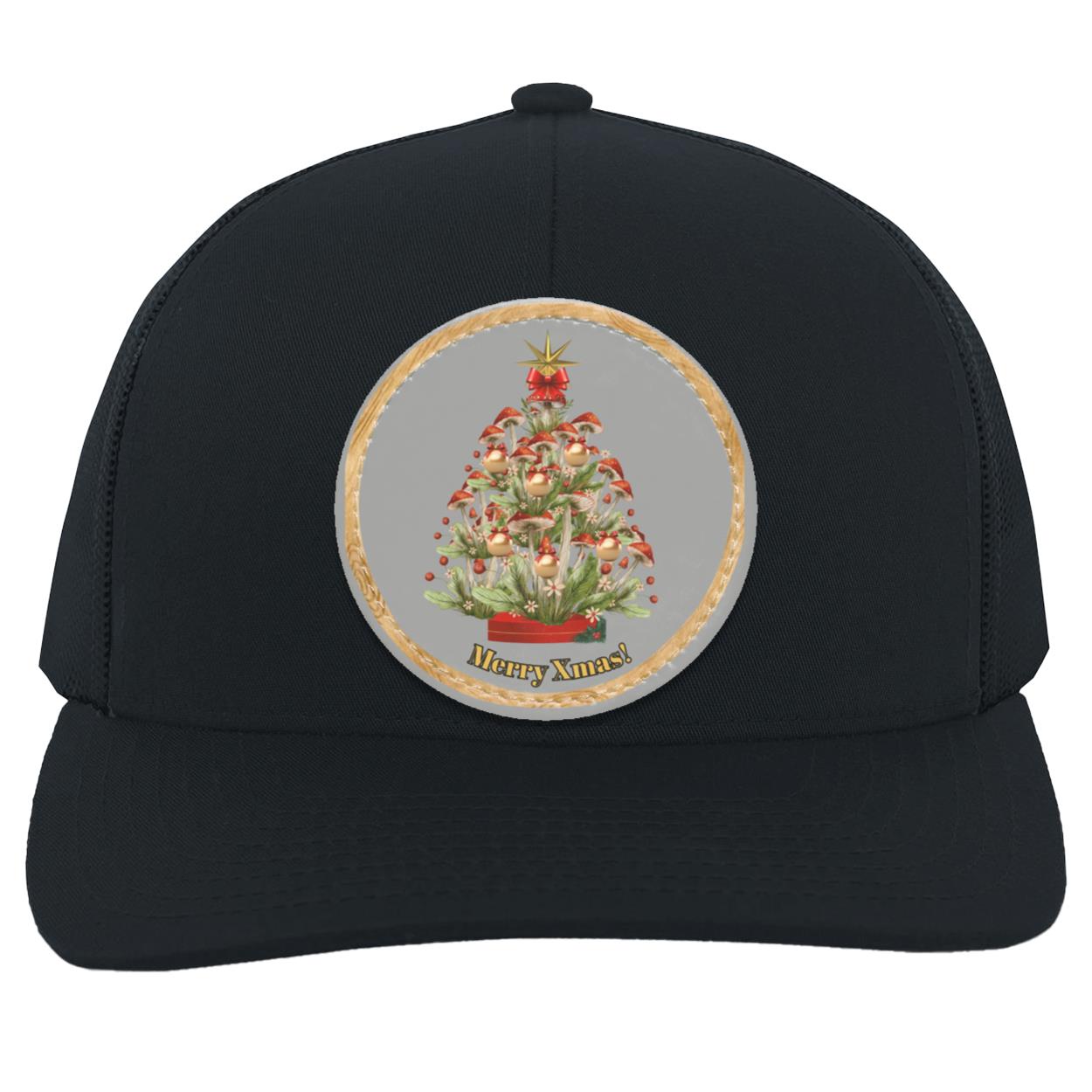 Mushroom Xmas Tree Circle hat patch. grey, CC  (1) Mushroom Xmas Tree,Grey Circle Patch, CC