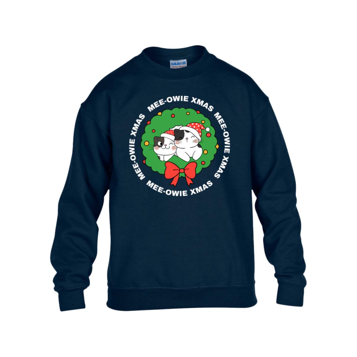 MEE-OWIE XMAS white letters des MEE- OWIE  XMAS, Gildan Kids Heavy Blend Fleece Crew
