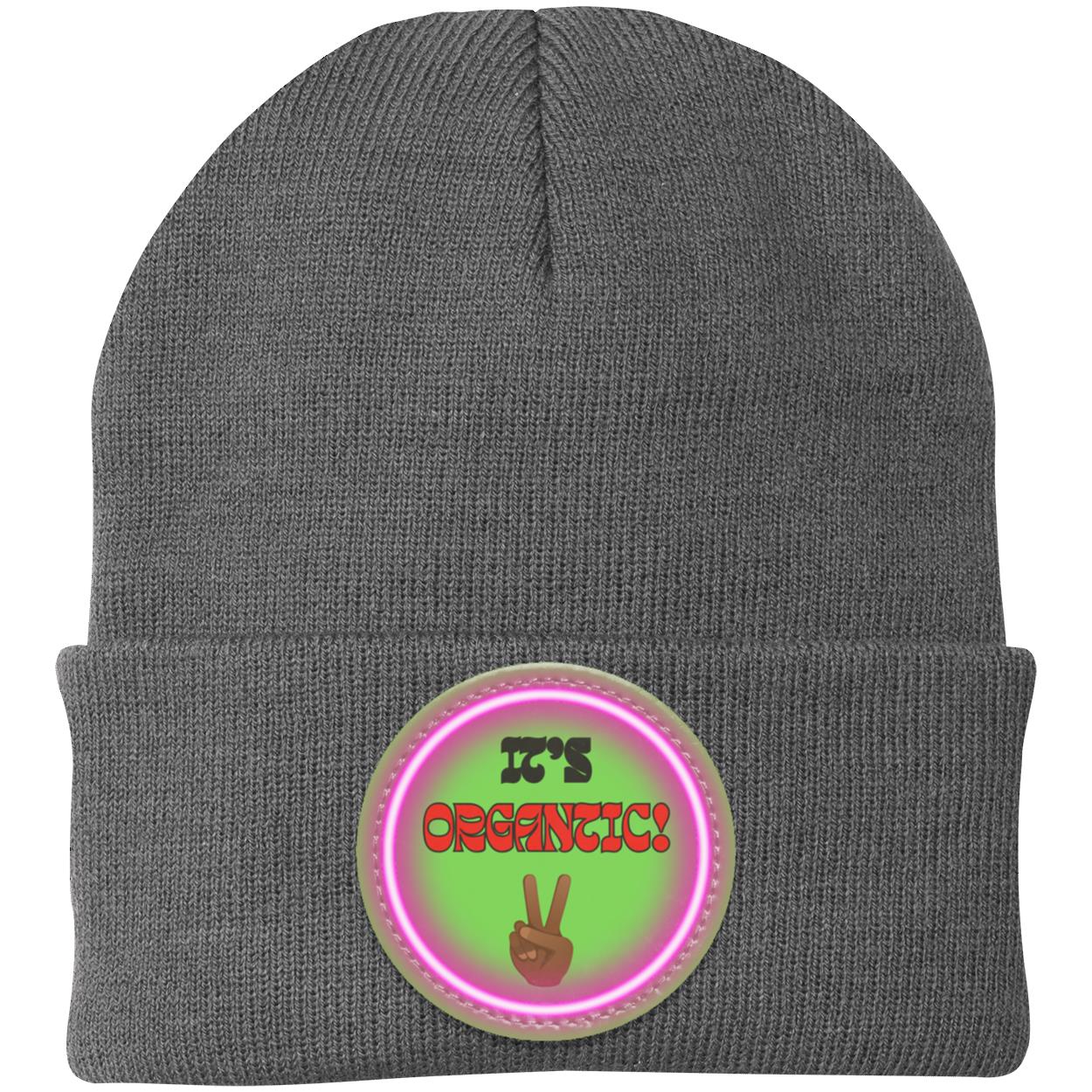 "It's Organtic,"  Knit Cap with Neon purple Vegan Leather Patch