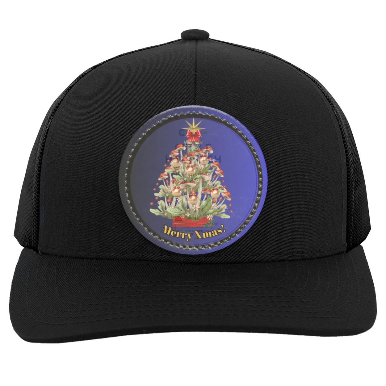 Mushroom Xmas Tree Circle hat patch. Ombre dk Blue Blk circle border, CC "Mushroom Xmas Tree", Trucker Snapback Hat with Blue Ombre Circle Vegan Leather Patch patch104C Trucker Snap Back