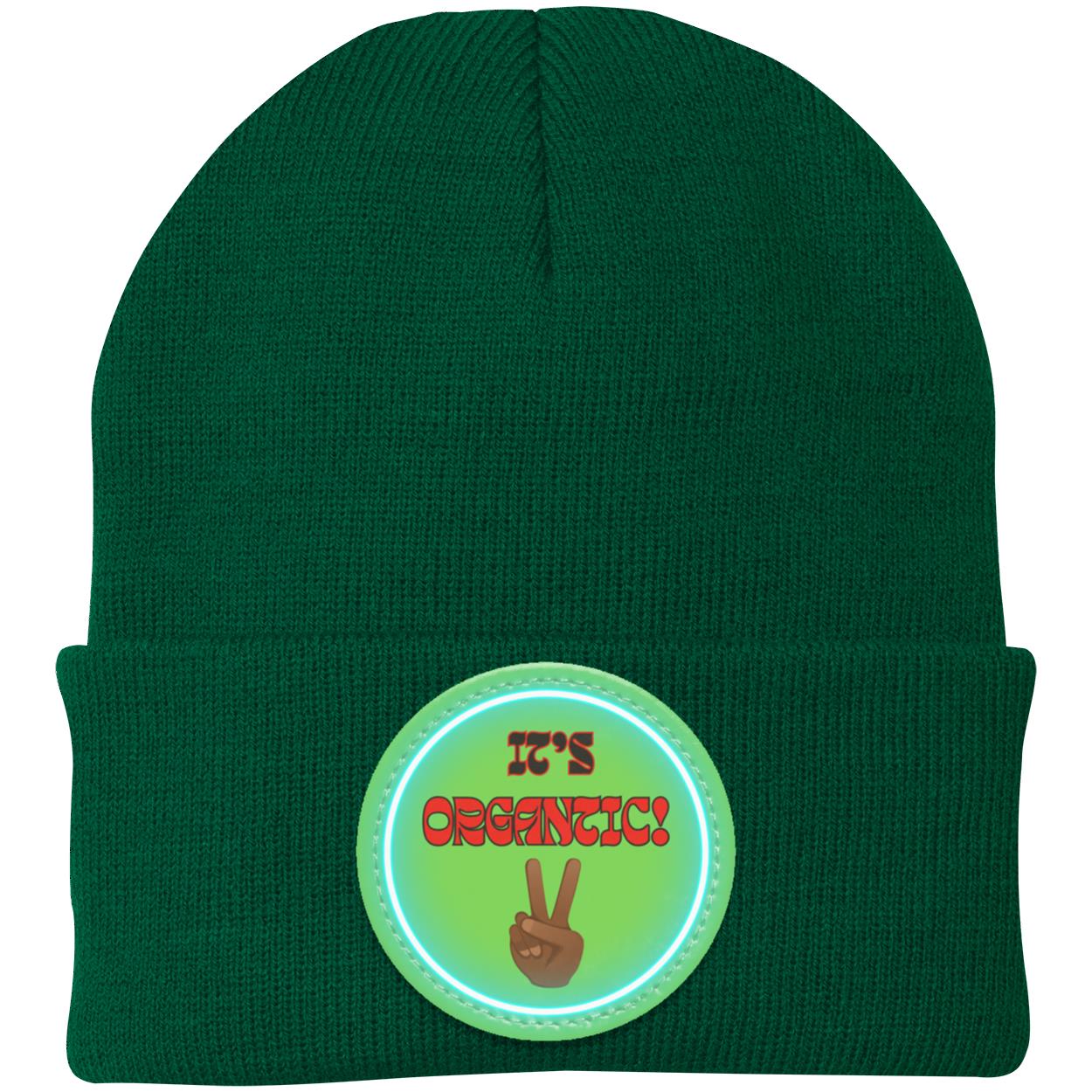 "Its' Organtic" Knit Cap with Neon Green Vegan Leather Patch