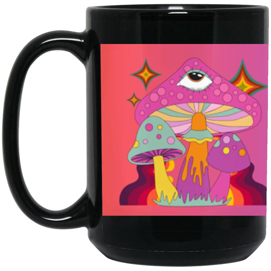 "Groovy Mushrooms-Ombre Background" 15 oz  Black Mug