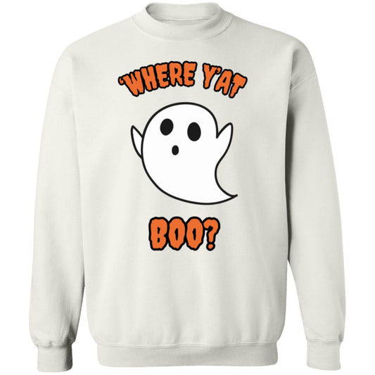 "Where Y'At BOO?" Unisex Pullover Sweatshirt, Orange Text