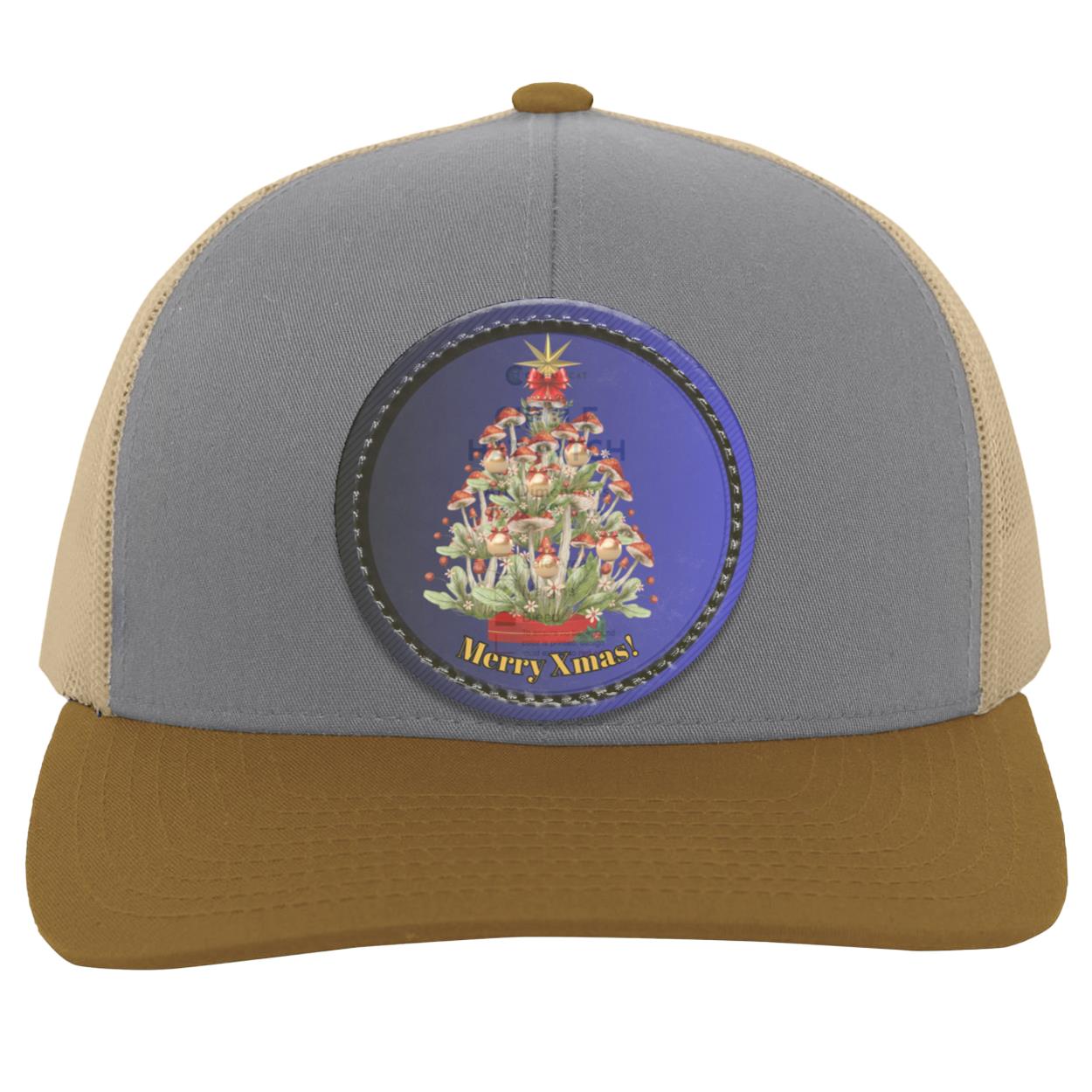 Mushroom Xmas Tree Circle hat patch. Ombre dk Blue Blk circle border, CC "Mushroom Xmas Tree", Trucker Snapback Hat with Blue Ombre Circle Vegan Leather Patch patch104C Trucker Snap Back
