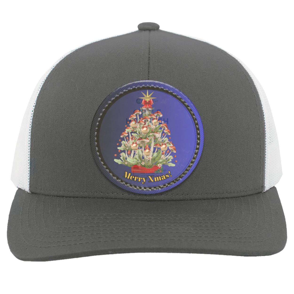 Mushroom Xmas Tree Circle hat patch. Ombre dk Blue Blk circle border, CC "Mushroom Xmas Tree", Trucker Snapback Hat with Blue Ombre Circle Vegan Leather Patch patch104C Trucker Snap Back