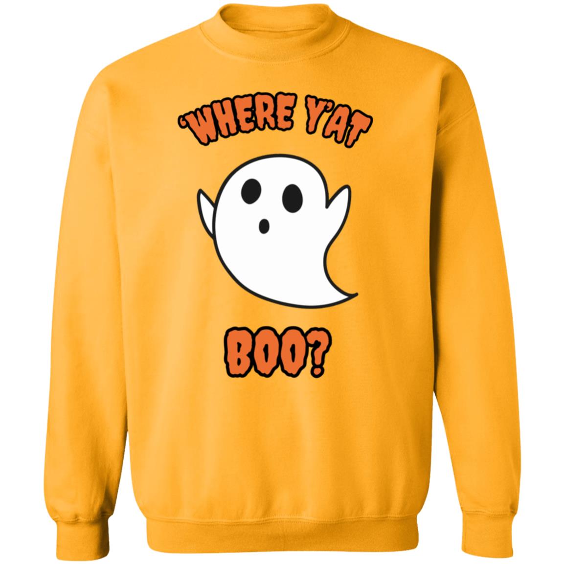 "Where Y'At BOO?" Unisex Pullover Sweatshirt, Orange Text