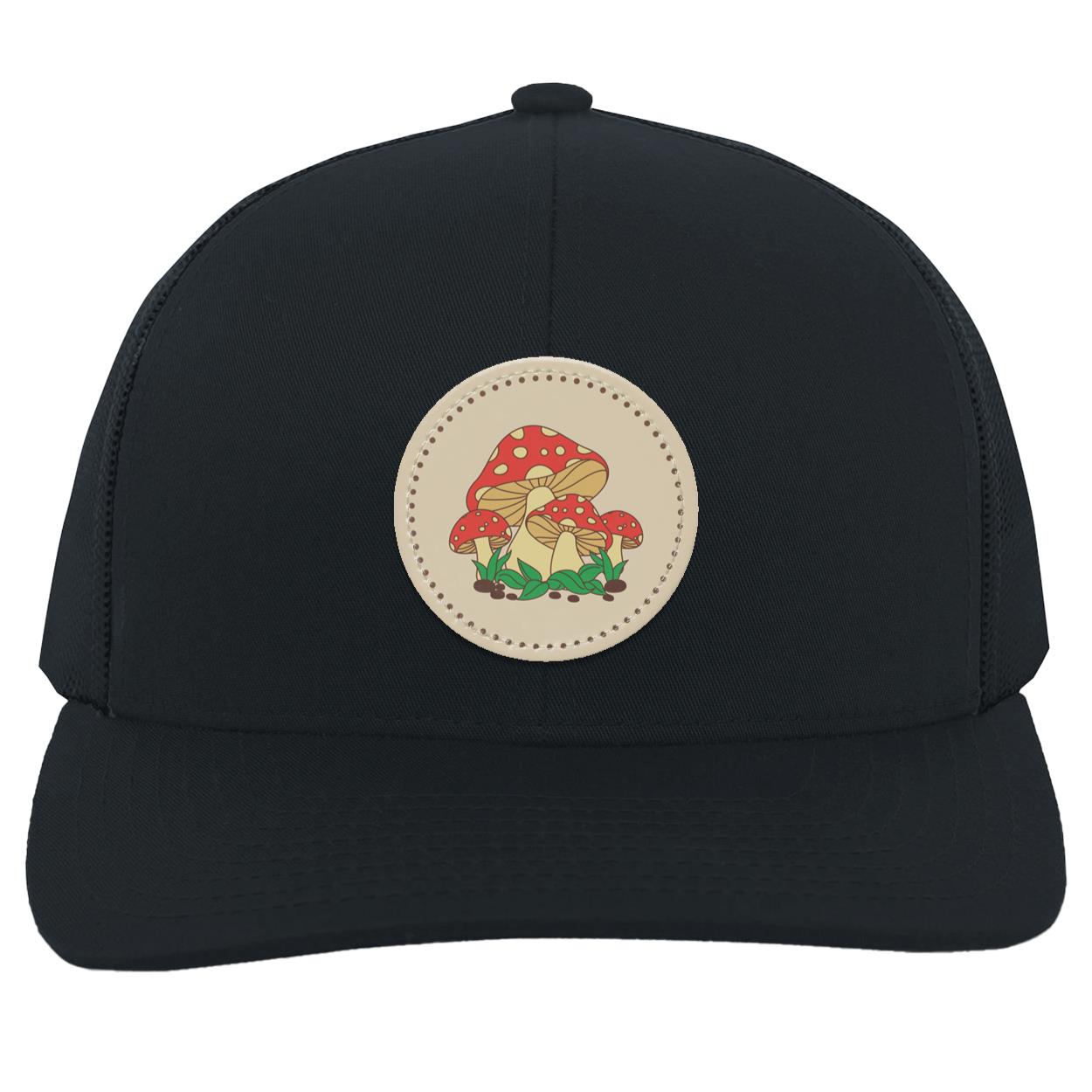 "Toadstools", Snapback Trucker Hat,  Eggshell  Colored  Small Circular Vegan Patch w/Dotted Border