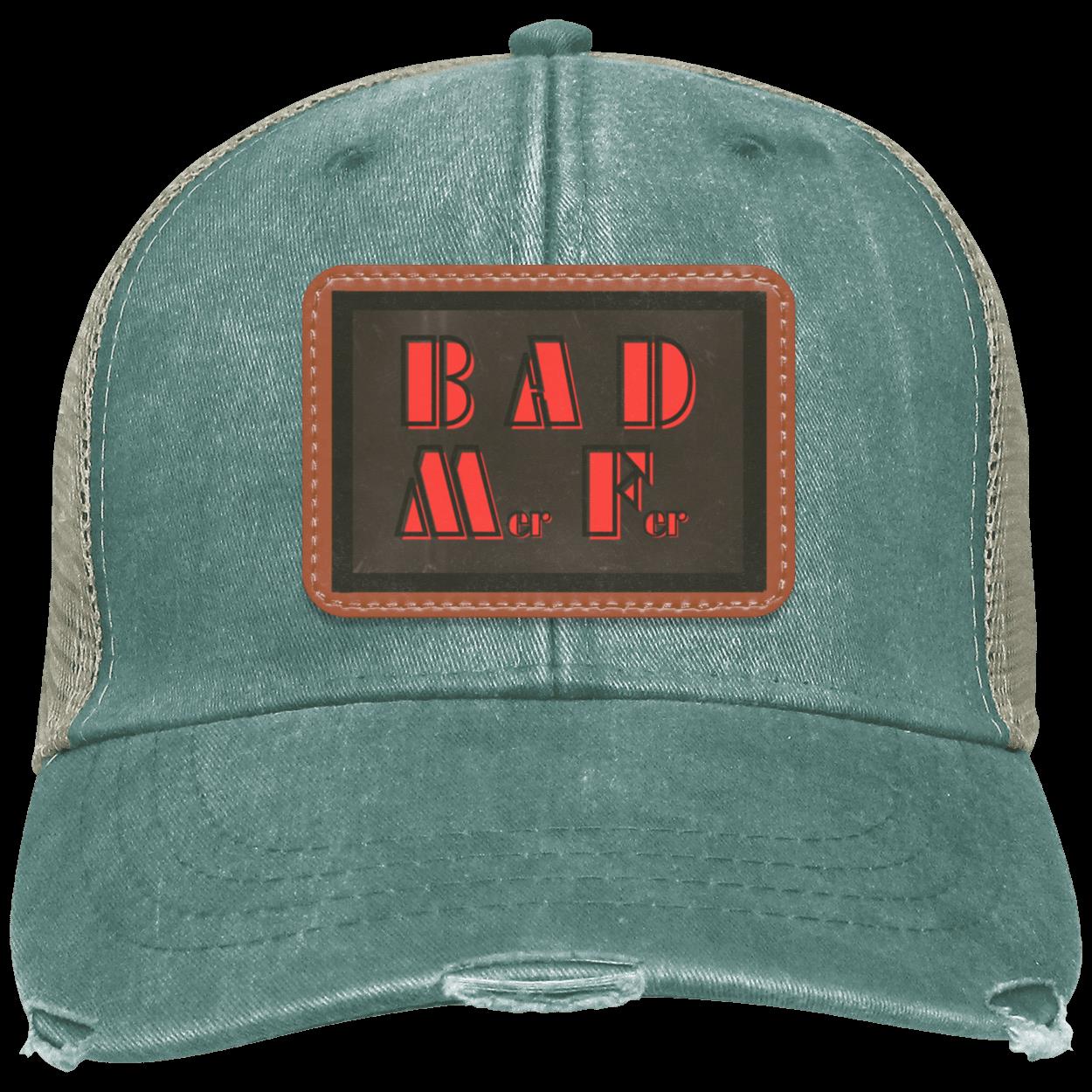 "BAD M-er  F-er" Distressed Snap Back Trucker Hat with Vegan Leather Patch