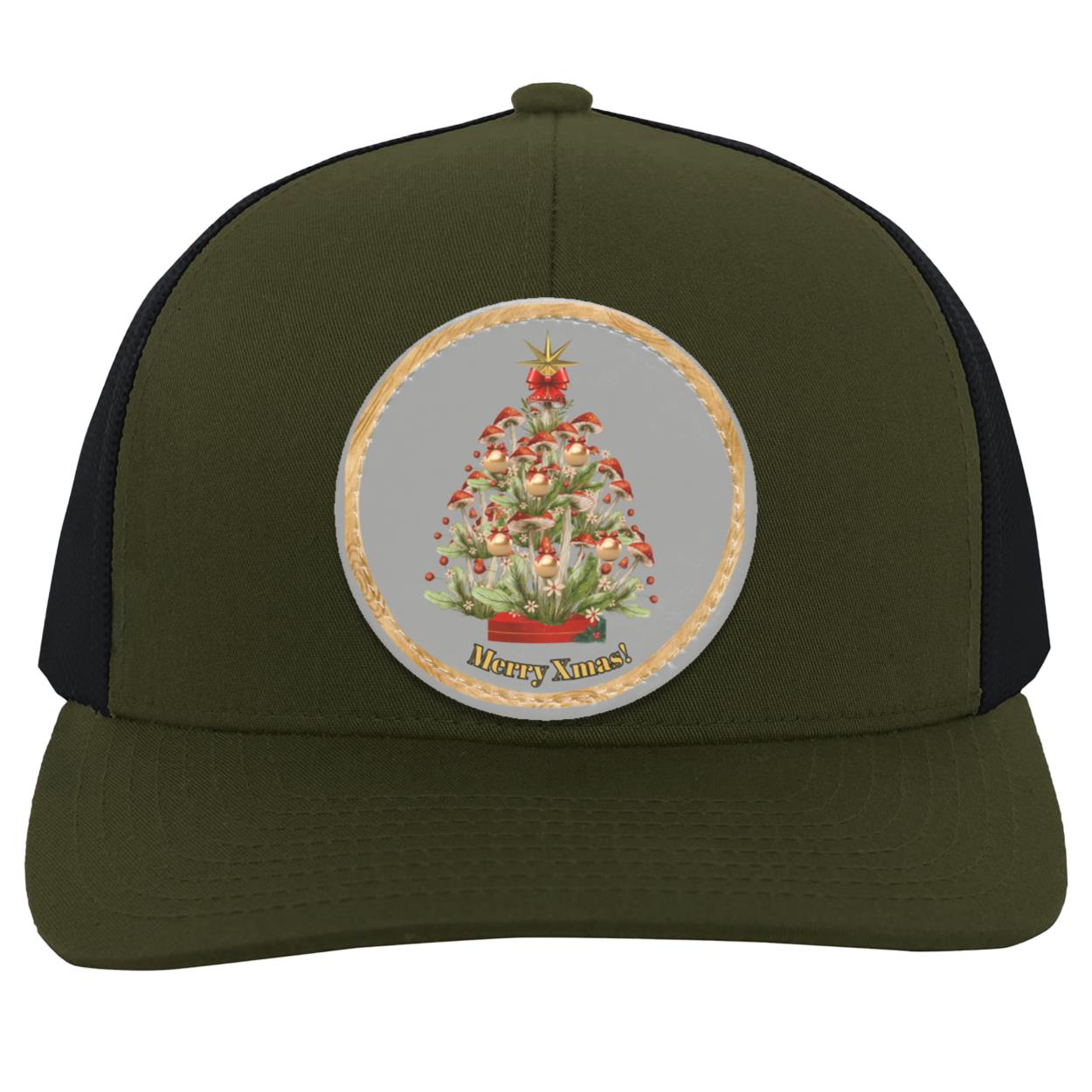 Mushroom Xmas Tree Circle hat patch. grey, CC  (1) Mushroom Xmas Tree,Grey Circle Patch, CC