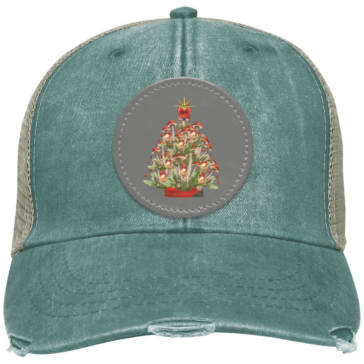 Mushroom Xmas Tree Circle hat patch. grey, BlkRed txtCC  (1) "Mushroom Xmas Tree", OL102 Adams  Distressed Ollie Cap with Grey Circular Vegan Leather Patch