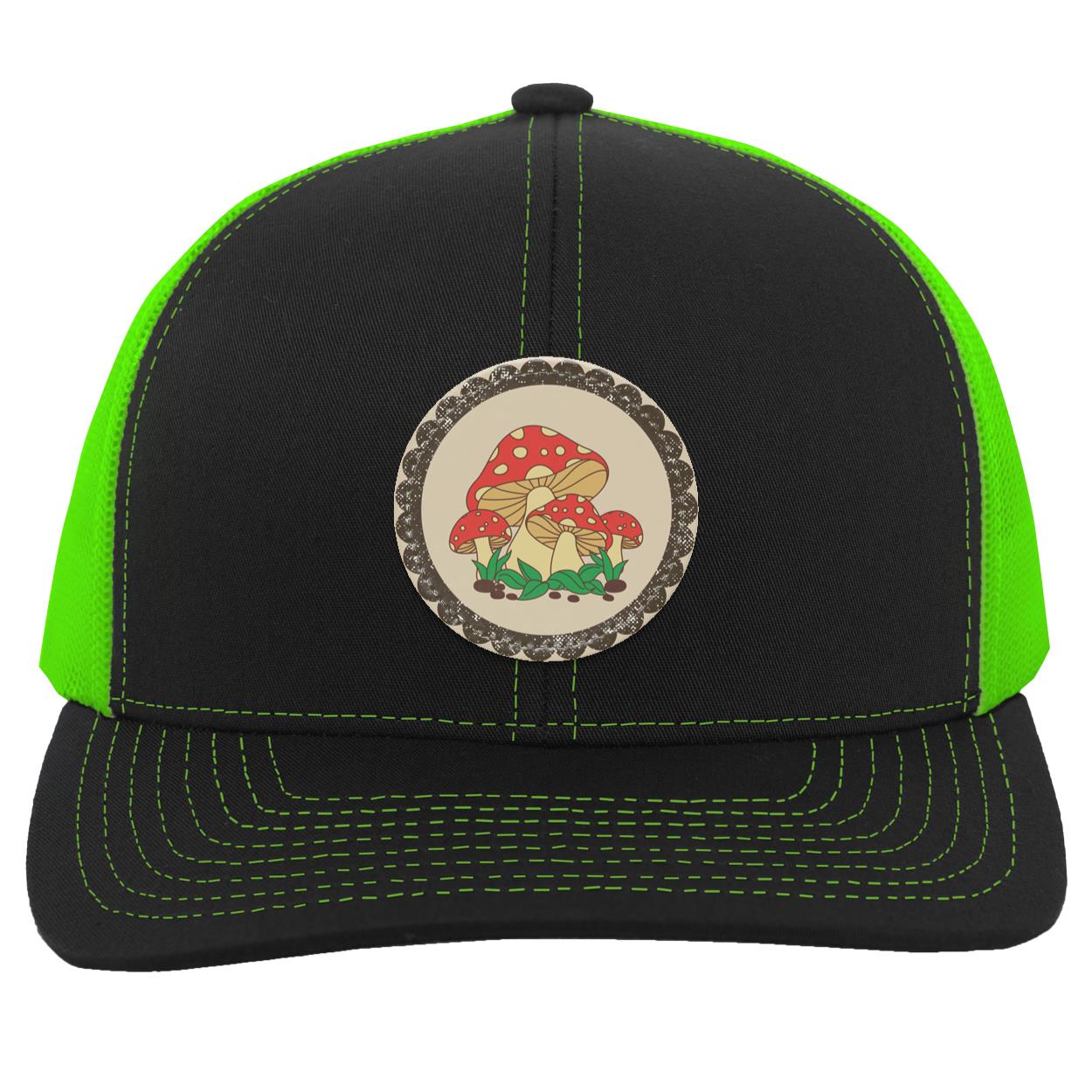 "Toadstools", Snapback Trucker Hat, Eggshell Colored Vegan Leather Patch w/ Scalloped Border