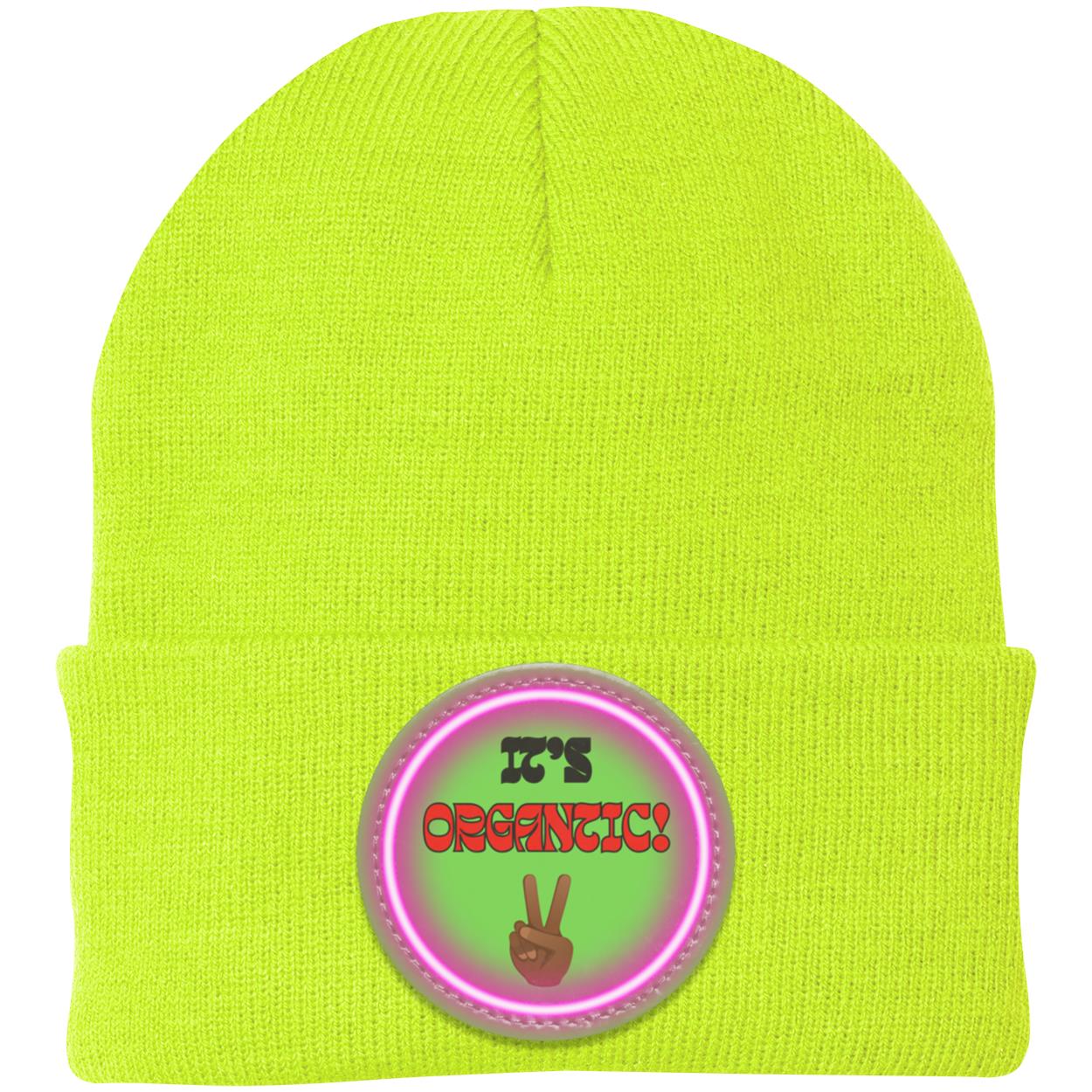 "It's Organtic,"  Knit Cap with Neon purple Vegan Leather Patch