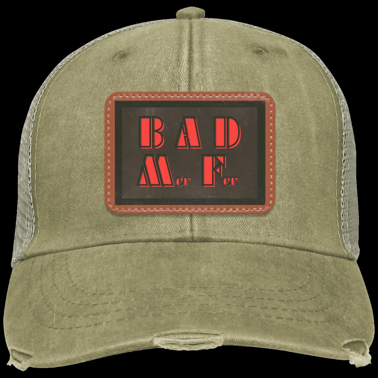 "BAD M-er  F-er" Distressed Snap Back Trucker Hat with Vegan Leather Patch