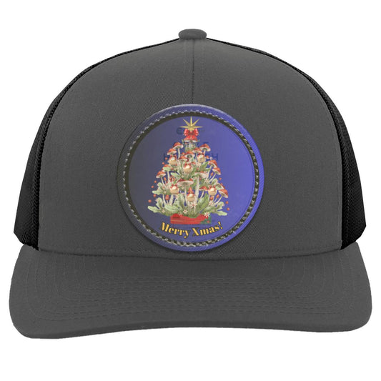 Mushroom Xmas Tree Circle hat patch. Ombre dk Blue Blk circle border, CC "Mushroom Xmas Tree", Trucker Snapback Hat with Blue Ombre Circle Vegan Leather Patch patch104C Trucker Snap Back