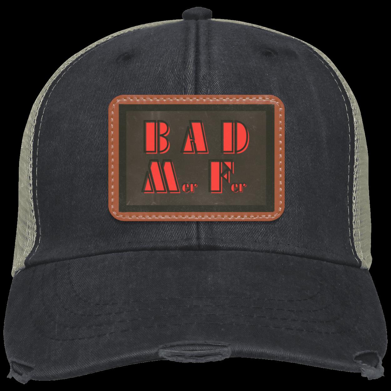 "BAD M-er  F-er" Distressed Snap Back Trucker Hat with Vegan Leather Patch