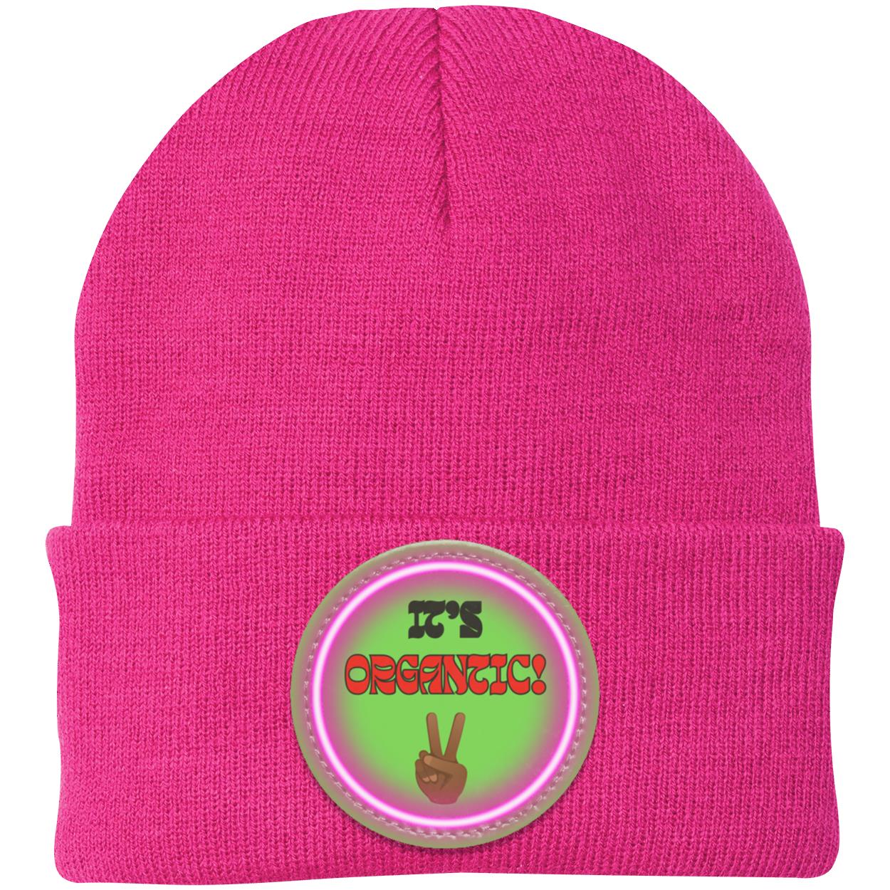 "It's Organtic,"  Knit Cap with Neon purple Vegan Leather Patch