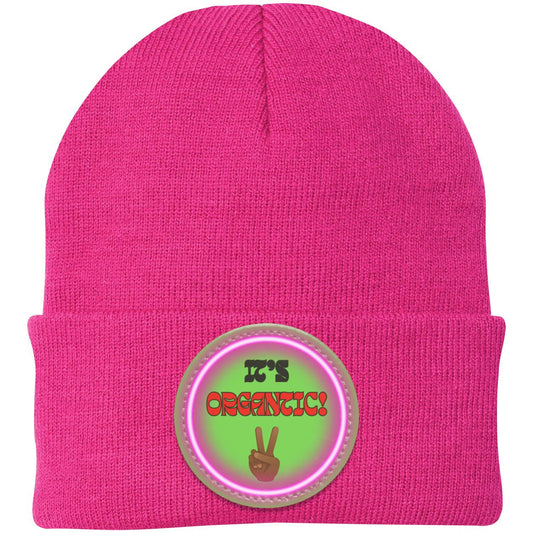 "It's Organtic,"  Knit Cap with Neon purple Vegan Leather Patch