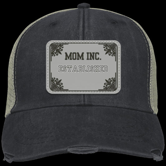 "Mom INC." Distressed Unstructured Trucker Cap  With Gray Personalized Vegan Patch