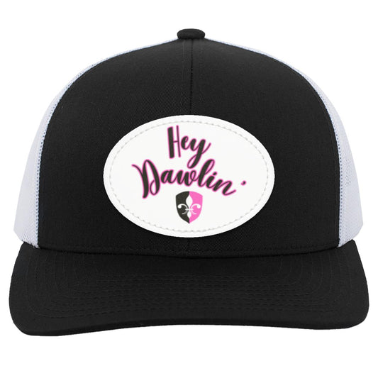 "Hey Dawlin' " Trucker Snap Back -White Oval Vegan Leather Patch