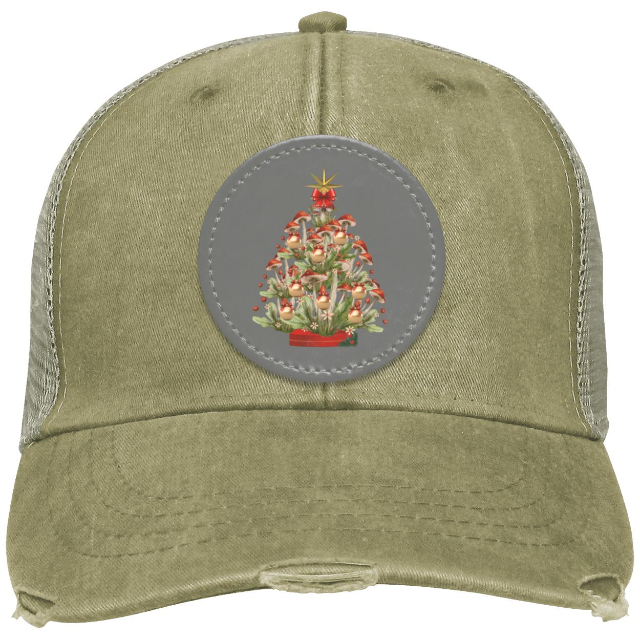 Mushroom Xmas Tree Circle hat patch. grey, BlkRed txtCC  (1) "Mushroom Xmas Tree", OL102 Adams  Distressed Ollie Cap with Grey Circular Vegan Leather Patch