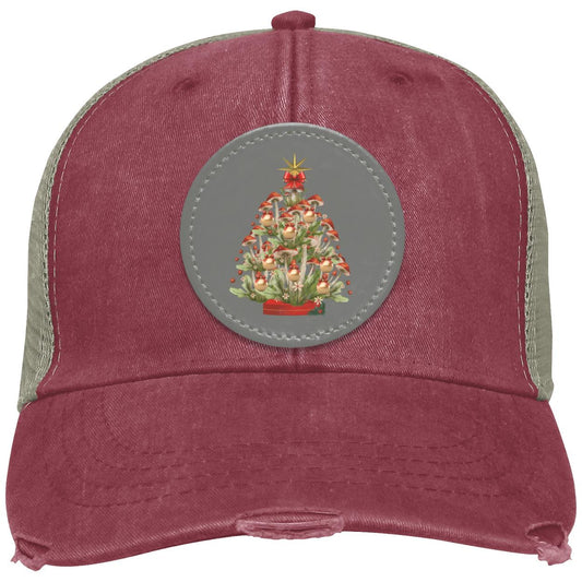Mushroom Xmas Tree Circle hat patch. grey, BlkRed txtCC  (1) "Mushroom Xmas Tree", OL102 Adams  Distressed Ollie Cap with Grey Circular Vegan Leather Patch