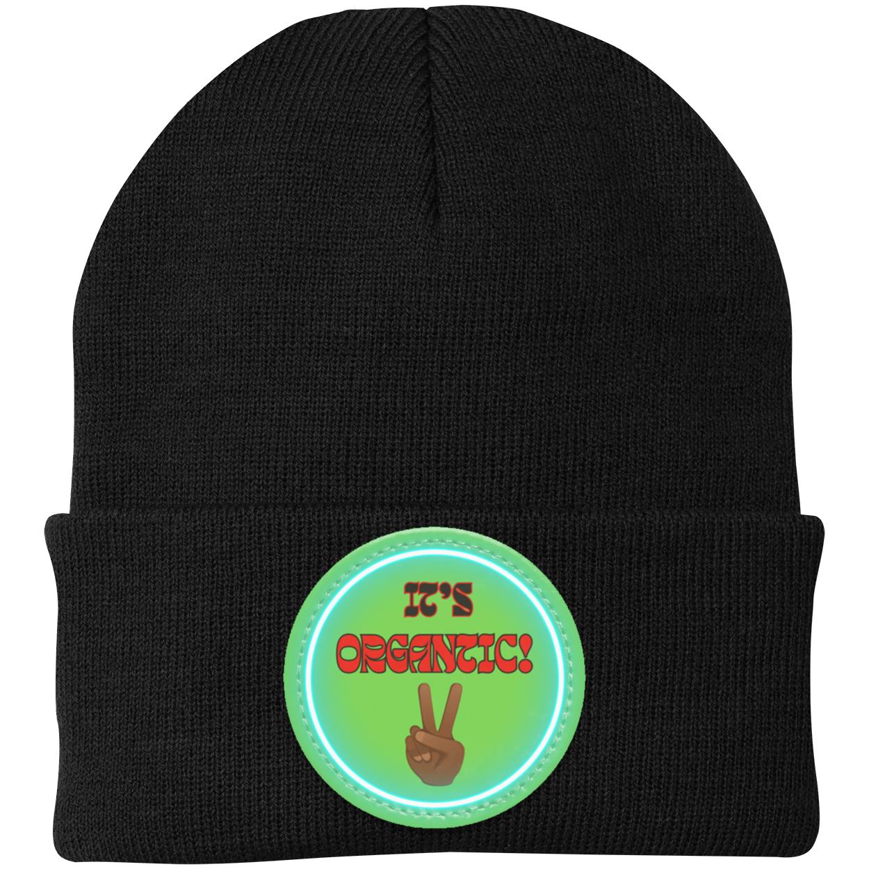 "Its' Organtic" Knit Cap with Neon Green Vegan Leather Patch
