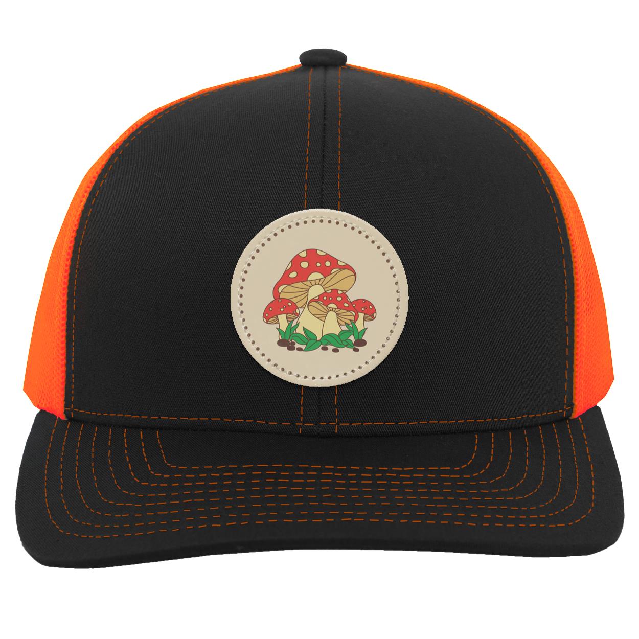 "Toadstools", Snapback Trucker Hat,  Eggshell  Colored  Small Circular Vegan Patch w/Dotted Border