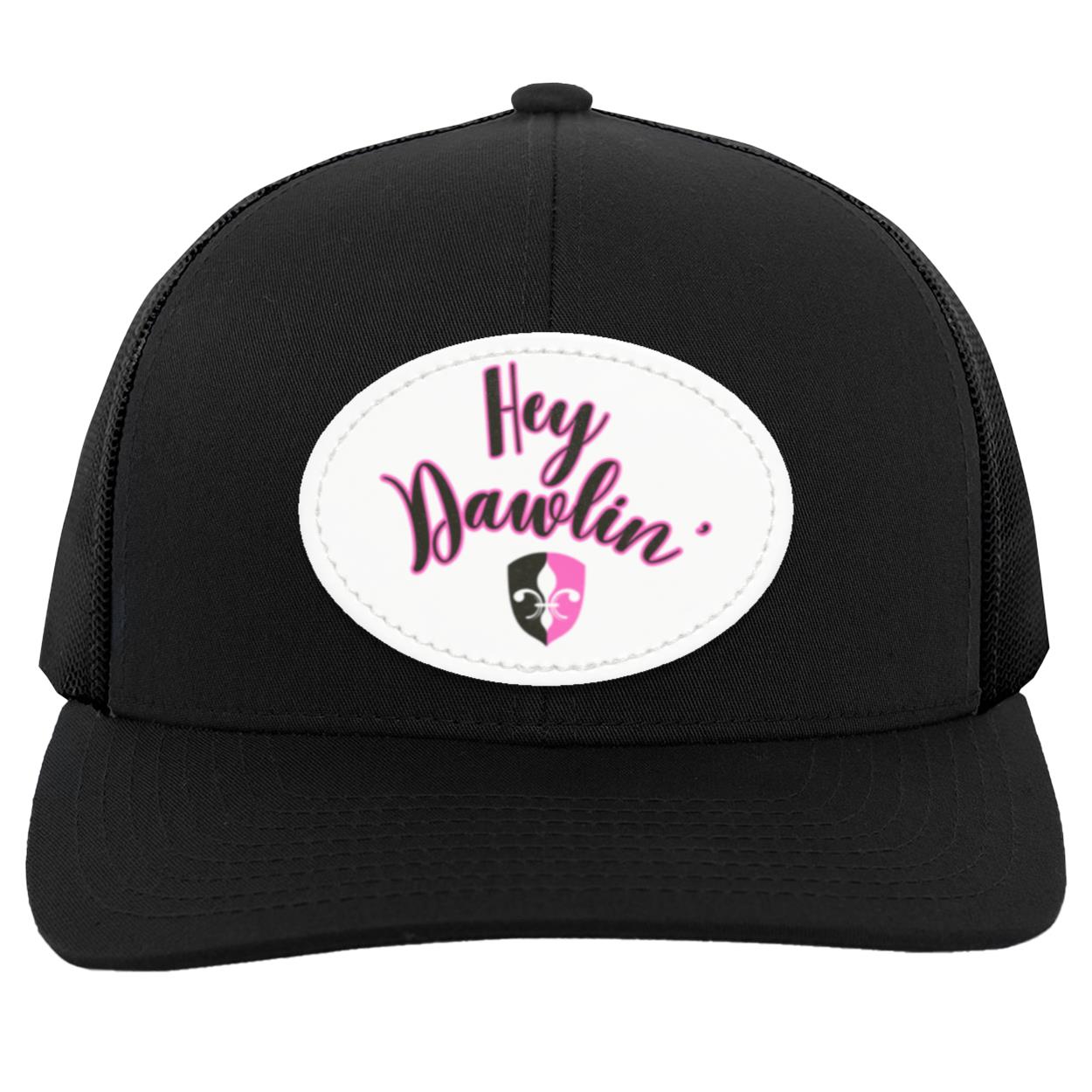 "Hey Dawlin' " Trucker Snap Back -White Oval Vegan Leather Patch