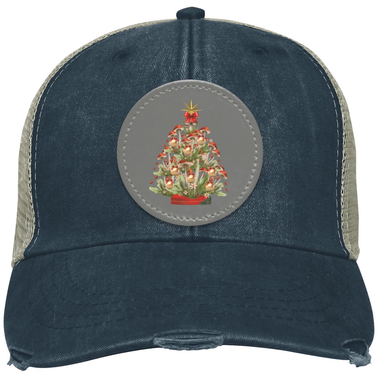 Mushroom Xmas Tree Circle hat patch. grey, BlkRed txtCC  (1) "Mushroom Xmas Tree", OL102 Adams  Distressed Ollie Cap with Grey Circular Vegan Leather Patch