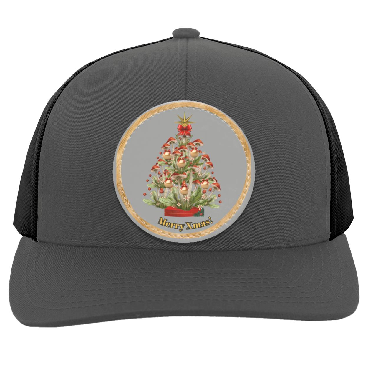 Mushroom Xmas Tree Circle hat patch. grey, CC  (1) Mushroom Xmas Tree,Grey Circle Patch, CC