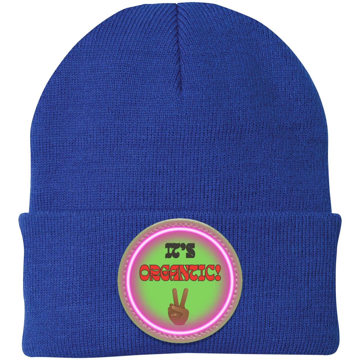 "It's Organtic,"  Knit Cap with Neon purple Vegan Leather Patch