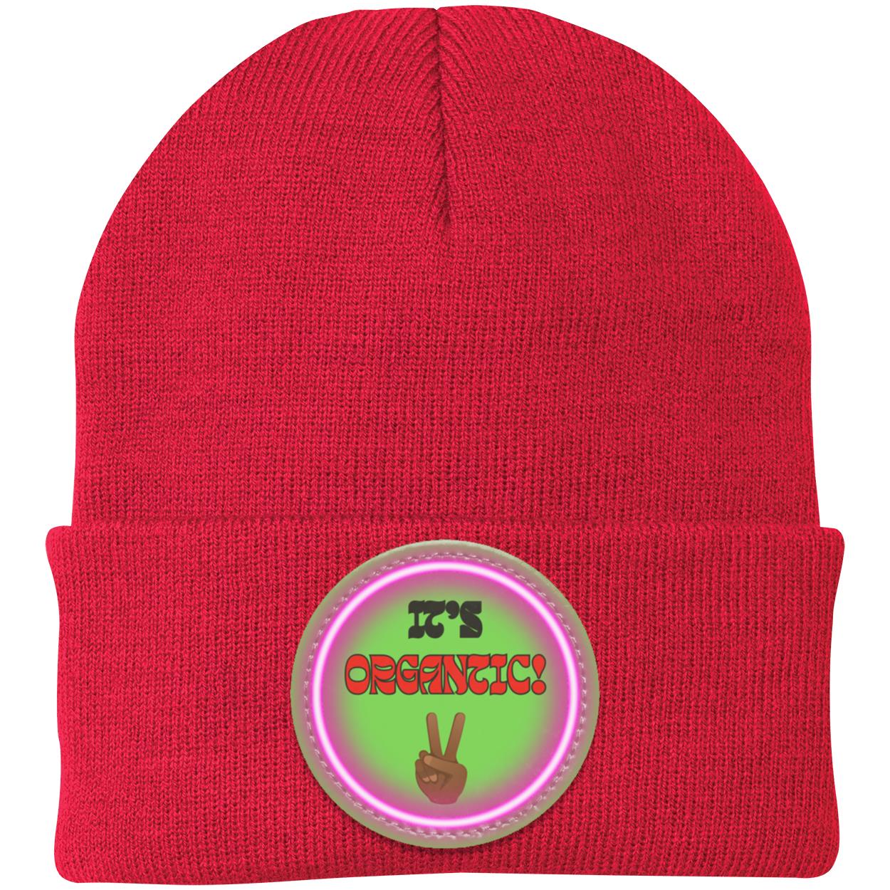 "It's Organtic,"  Knit Cap with Neon purple Vegan Leather Patch