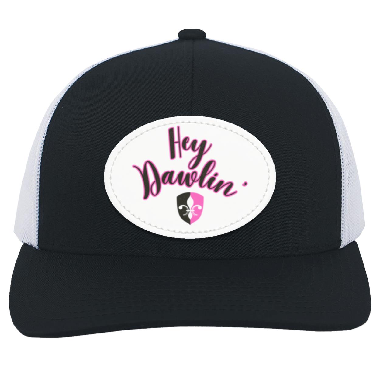 "Hey Dawlin' " Trucker Snap Back -White Oval Vegan Leather Patch
