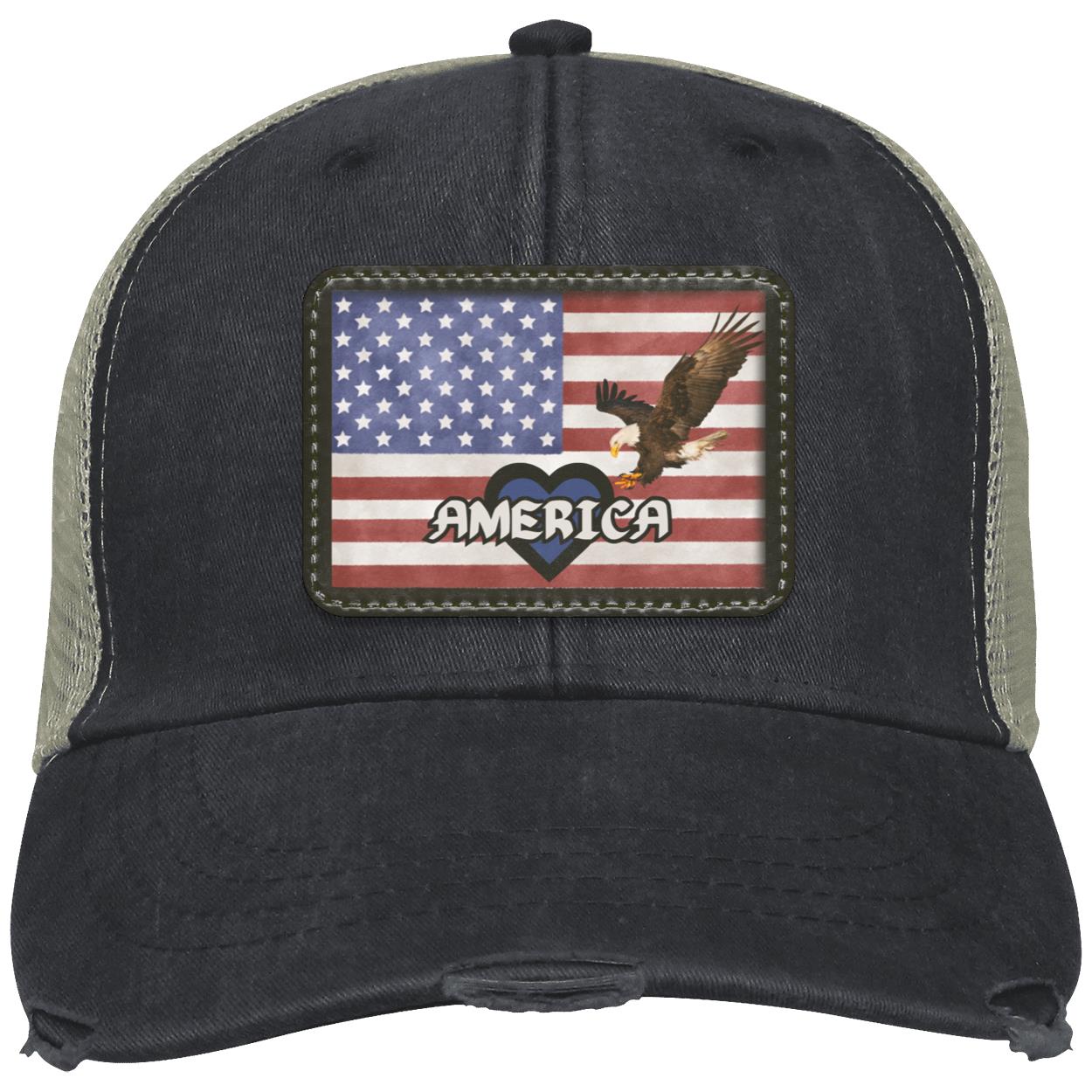 "Love America" Ollie Disrtressed Trucker Hat with Blue Heart Design