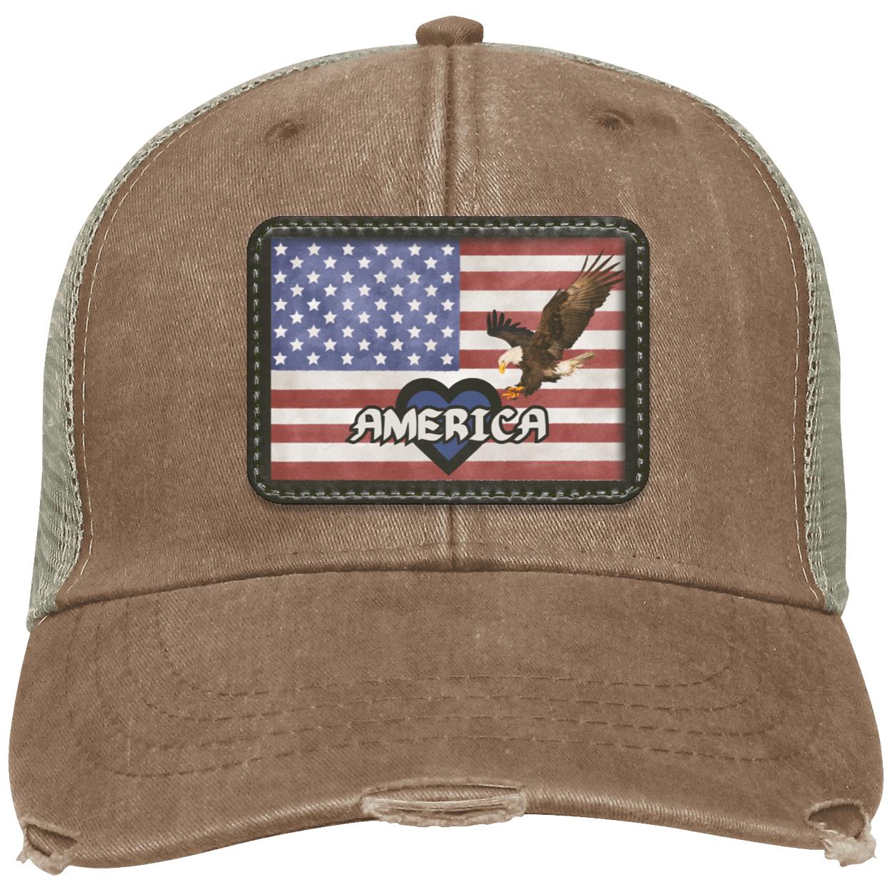 "Love America" Ollie Disrtressed Trucker Hat with Blue Heart Design
