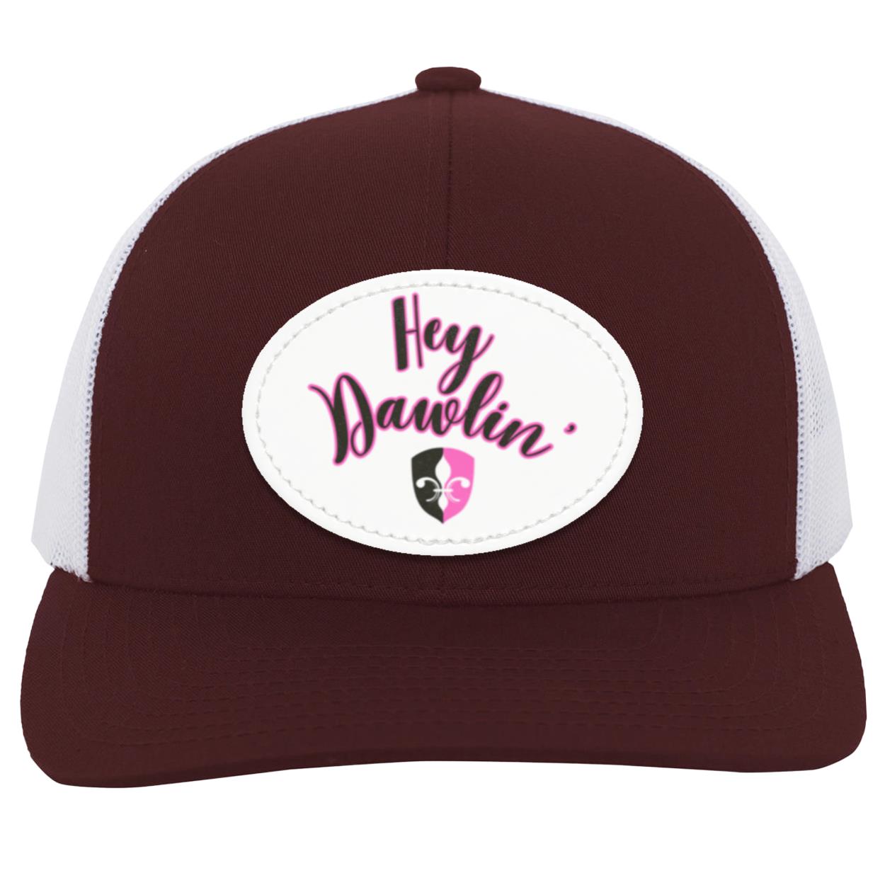 "Hey Dawlin' " Trucker Snap Back -White Oval Vegan Leather Patch