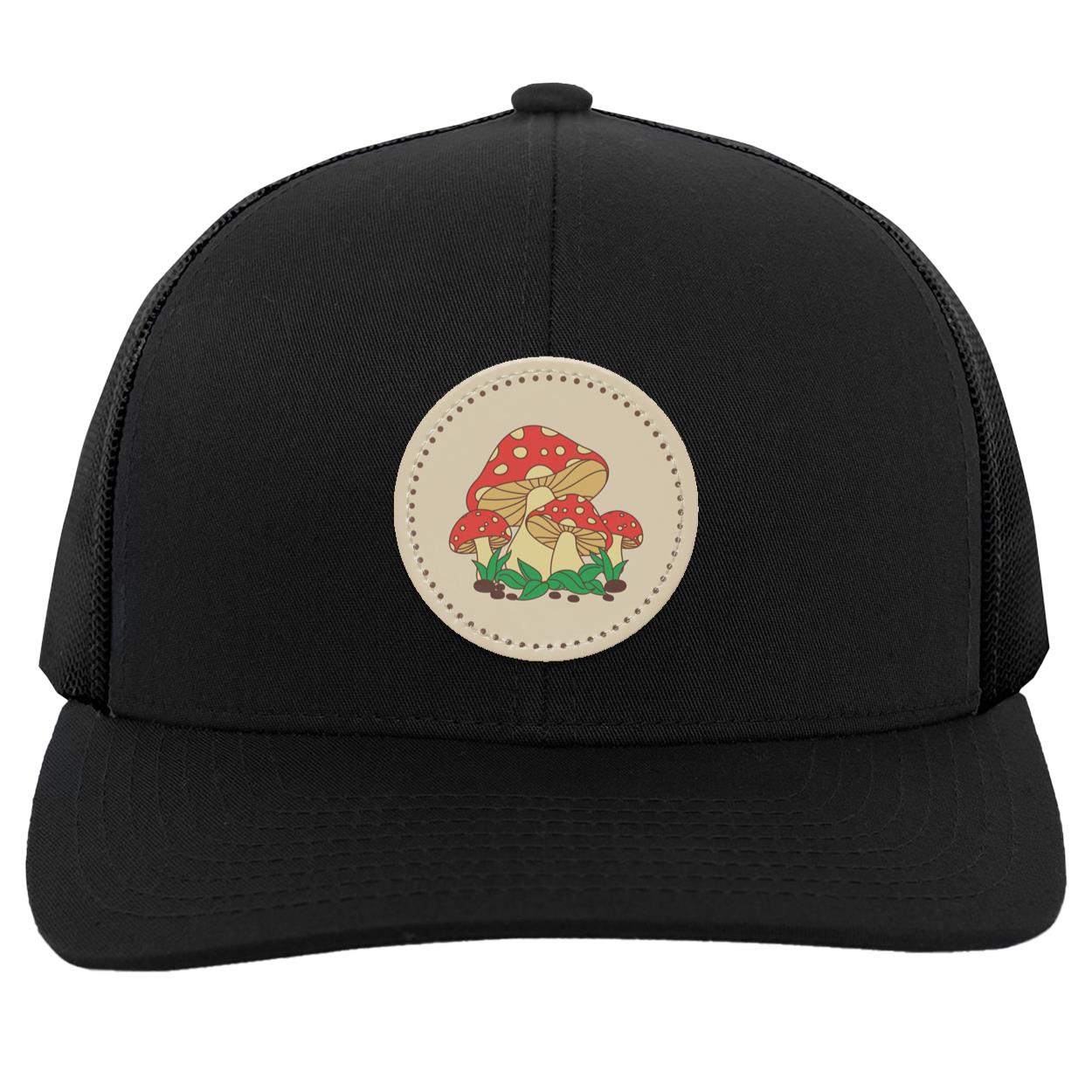 "Toadstools", Snapback Trucker Hat,  Eggshell  Colored  Small Circular Vegan Patch w/Dotted Border
