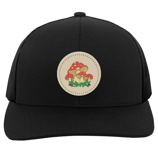 "Toadstools", Snapback Trucker Hat,  Eggshell  Colored  Small Circular Vegan Patch w/Dotted Border