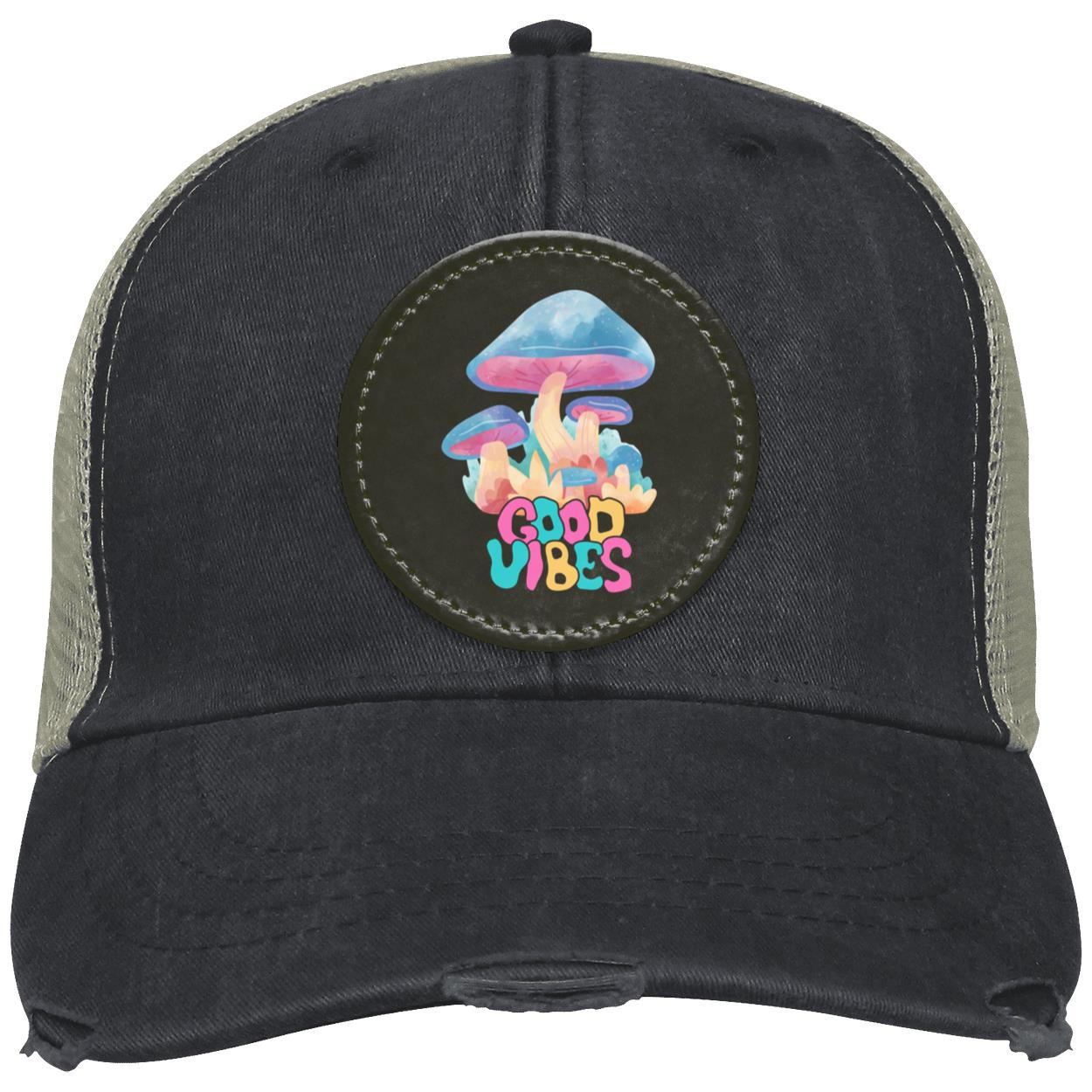 "Good Vibes" Distressed Ollie Cap with Black Circle Vegan Patch