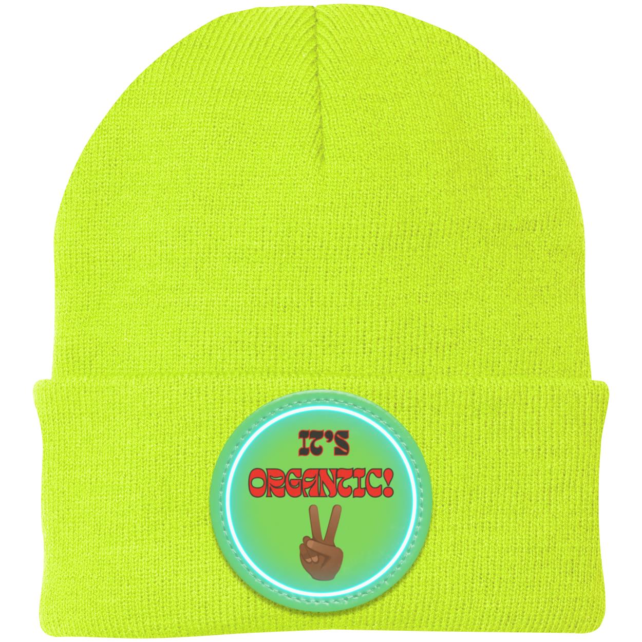"Its' Organtic" Knit Cap with Neon Green Vegan Leather Patch