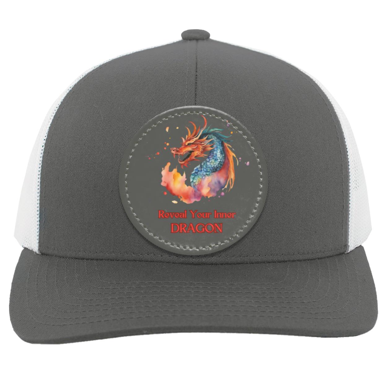 "Reveal Your Inner Dragon" Trucker Snap Back with Dark Gray Vegan Leather Patch