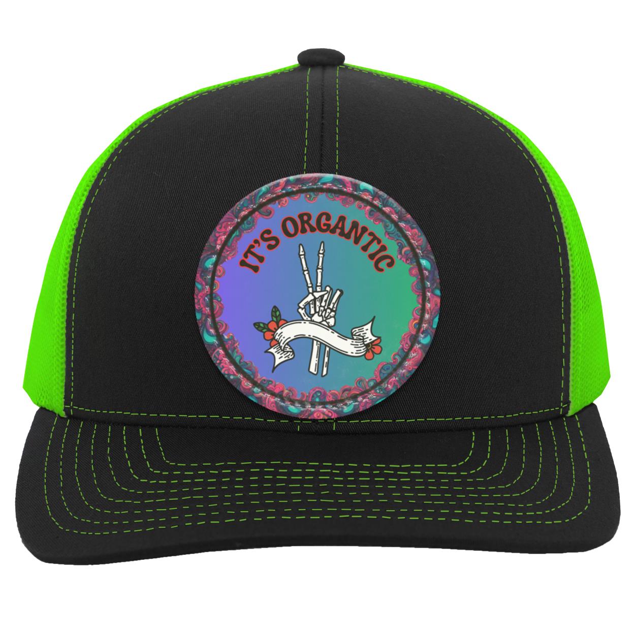 "It's Organtic-Skeleton Peace Sign" Trucker Snap Back Cap with Custom Vegan Leather Patch