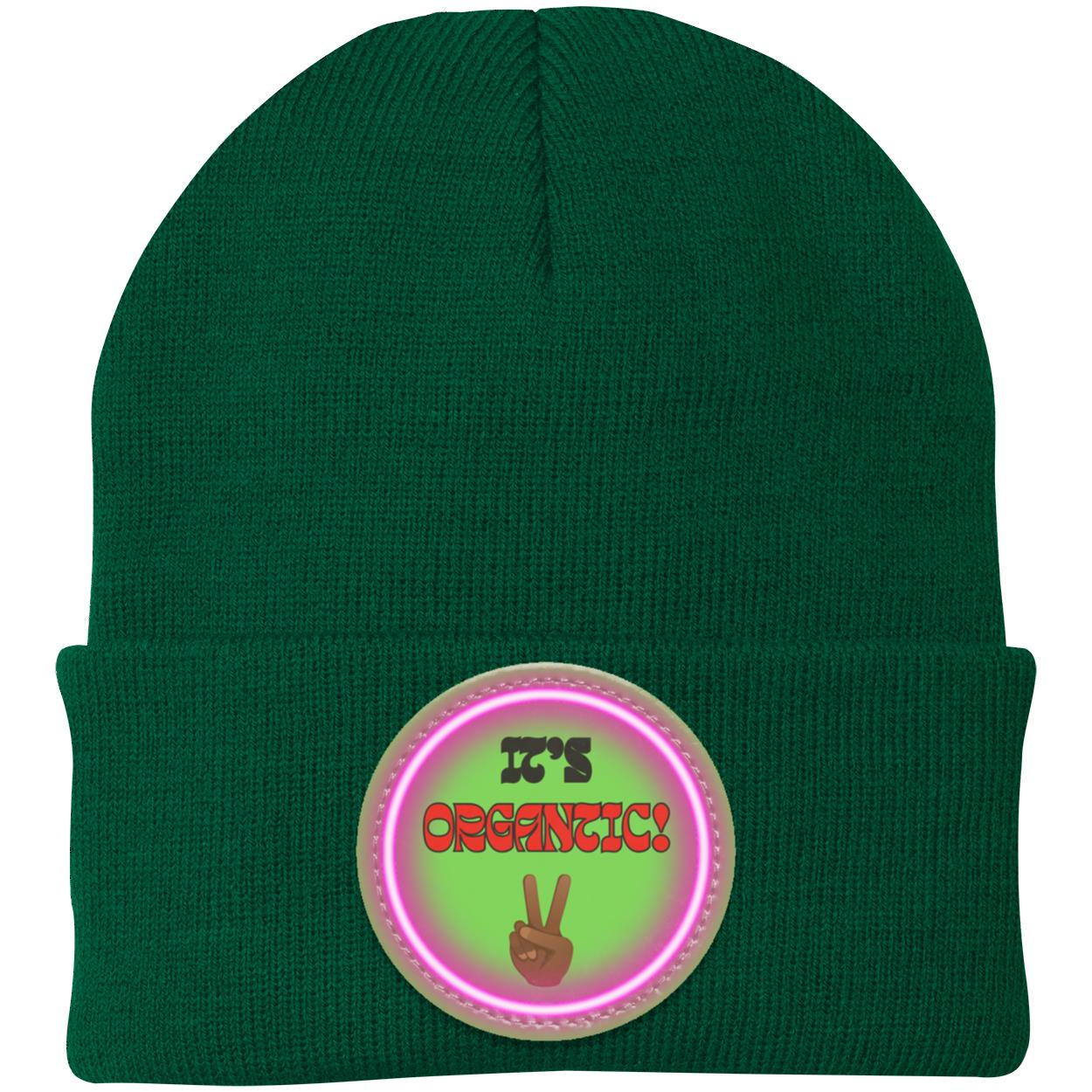"It's Organtic,"  Knit Cap with Neon purple Vegan Leather Patch