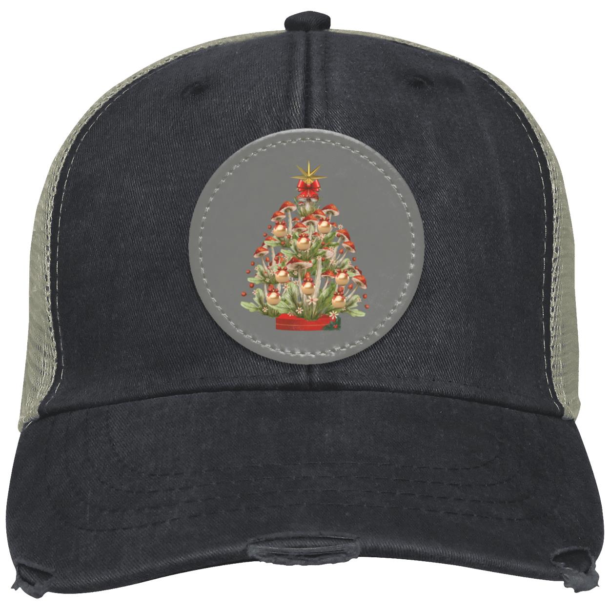Mushroom Xmas Tree Circle hat patch. grey, BlkRed txtCC  (1) "Mushroom Xmas Tree", OL102 Adams  Distressed Ollie Cap with Grey Circular Vegan Leather Patch