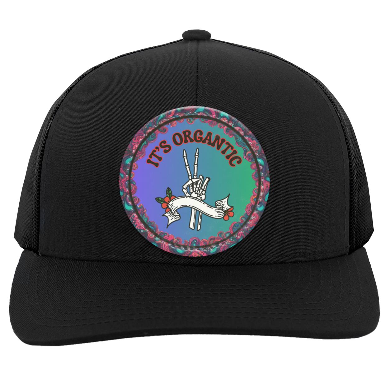 "It's Organtic-Skeleton Peace Sign" Trucker Snap Back Cap with Custom Vegan Leather Patch