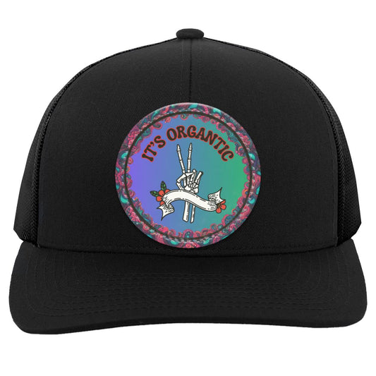 "It's Organtic-Skeleton Peace Sign" Trucker Snap Back Cap with Custom Vegan Leather Patch
