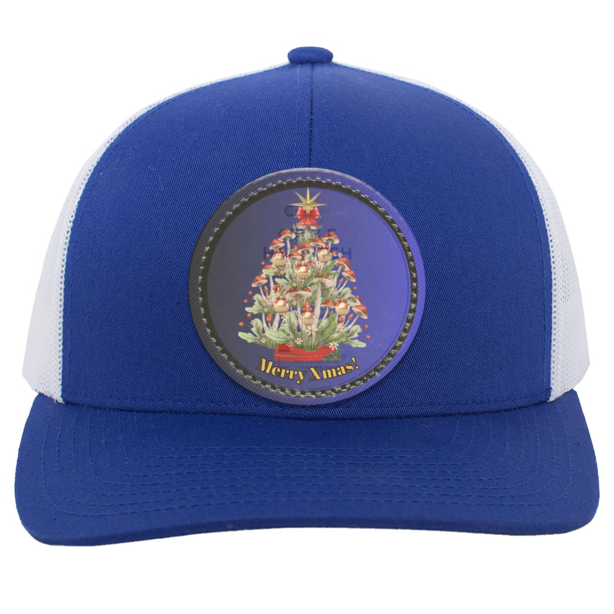 Mushroom Xmas Tree Circle hat patch. Ombre dk Blue Blk circle border, CC "Mushroom Xmas Tree", Trucker Snapback Hat with Blue Ombre Circle Vegan Leather Patch patch104C Trucker Snap Back