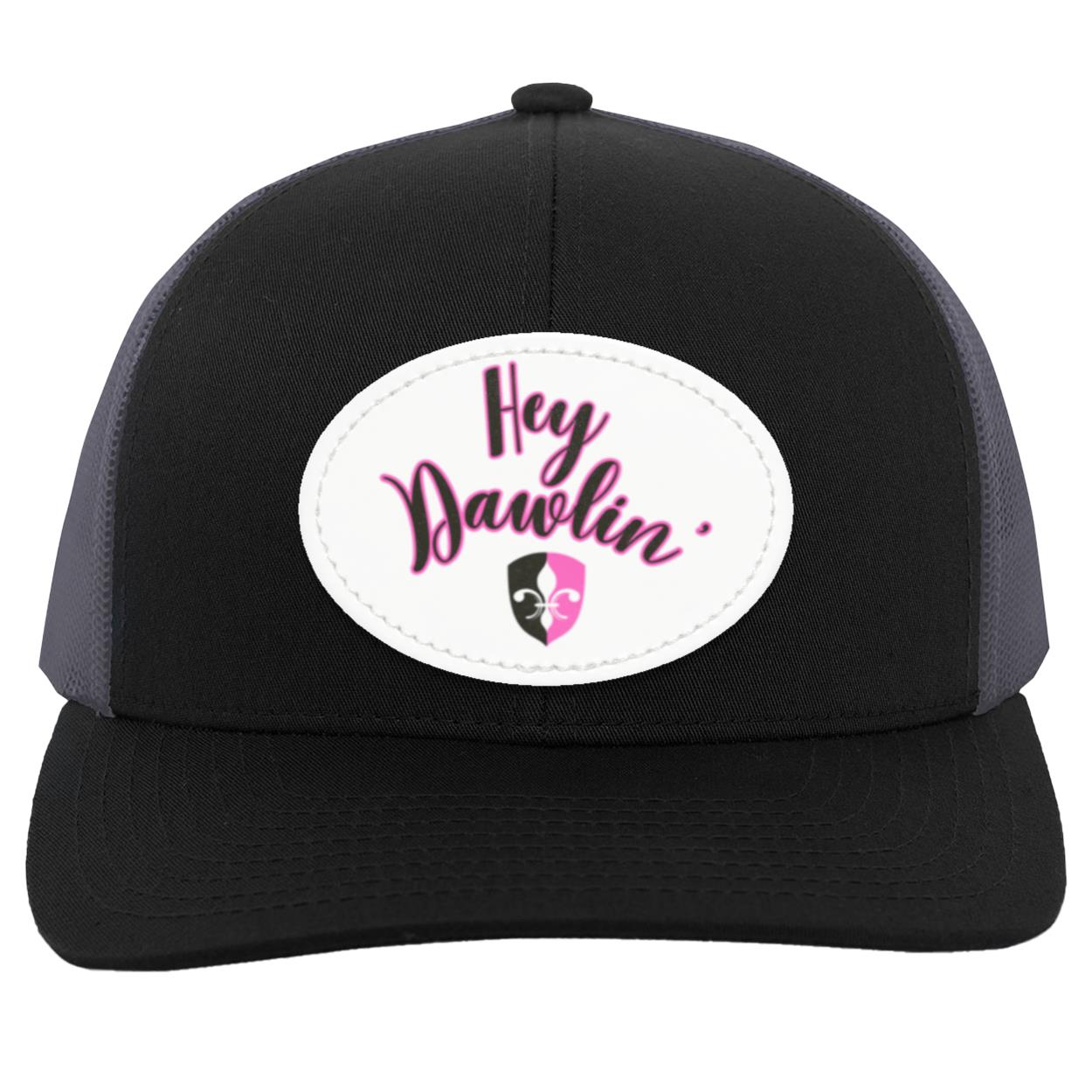 "Hey Dawlin' " Trucker Snap Back -White Oval Vegan Leather Patch